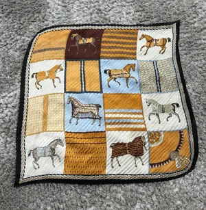 ⁠Vintage Pleated Scarf Equestrian Horse Print Gold Blue Yellow Square Neck Wrap⁠ thumbnail 1