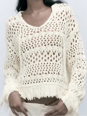 ZARA Cream Crochet Open Knit Fringe Hoodie Sweater Granola Gritty Boho Medium thumbnail 1