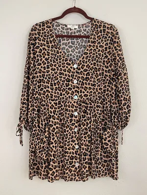 Entro Leopard Print Button‎ Front Babydoll Tunic Top/Dress Size M- Brown/Black thumbnail 1