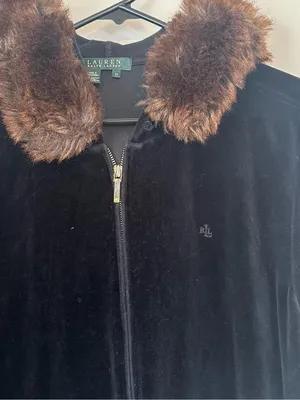 Ralph Lauren Navy Black Velvet Velour Zip Jacket with Removable Faux Fur Trim 2X thumbnail 3
