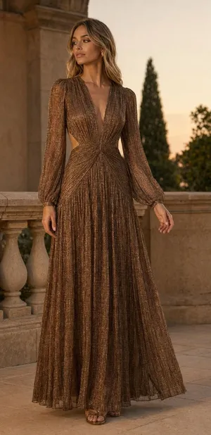Gianni Bini Hazel‎ Metallic Chiffon Bronze Cutout Maxi Dress Size 2 NWT thumbnail 1