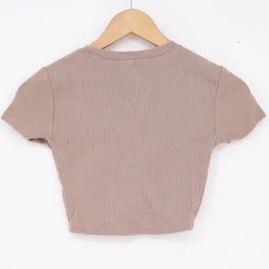 Garage Womens Ribbed Rhinestone Trim Curved Hem Crop Top Mauve Taupe XS thumbnail 5