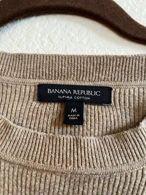 Banana Republic Taupe Ribbed Long-Sleeve cotton Top with Shoulder Buttons thumbnail 3