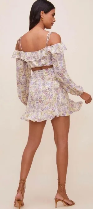 ASTR The Label Anastasia Cutout Mini Dress Small Ivory Lilac Floral Cottagecore thumbnail 3