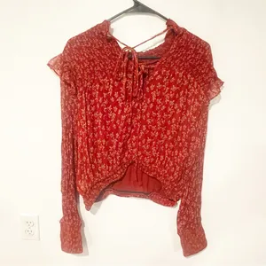 FREE‎ PEOPLE Size Large Roma Floral Smocked Top Ruffle Sheer Balloon Sleeve Top thumbnail 8