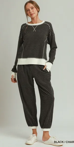 Umgee Tencel Fleece Stripe Crewneck Top - Black - Medium thumbnail 1
