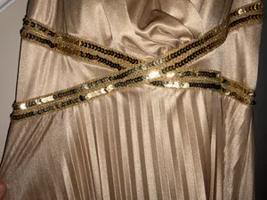 Cream Gold Masquerade Sequin Pleated Halter Strap Dress thumbnail 5