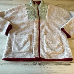 Urban Outfitters UO Mixed Media Sherpa Fleece Windbreaker Jacket Cream‎ Green Lg thumbnail 6