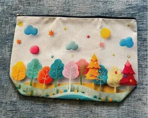 Colorful Trees Clouds Stars Cotton Canvas Small Makeup Bag Travel Toiletry Pouch thumbnail 1