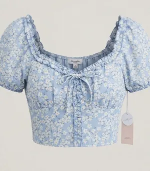 NWT Blashe Los Angeles Floral Puff-Sleeve Crop Top Smocked Back Size Small NEW thumbnail 1