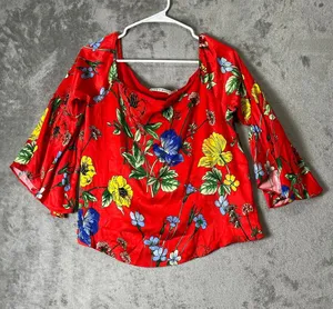 Alice + Olivia Red Floral Off The Shoulder Bell Sleeve Peasant Blouse Boho Top M thumbnail 1