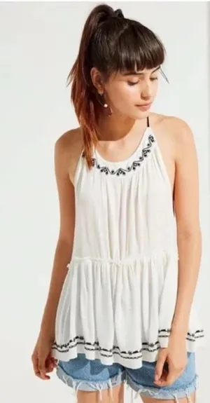 Urban Outfitters Women Ivory Embroidered Dream Catcher‎ Tiered Tank Top size S thumbnail 1