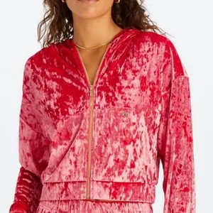 Fabletics Crushed Velour Full Zip Hoodie Jacket Size‎ S Red Strawberry New thumbnail 3