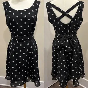 90s Scarlett Black White Polka Dot Fit Flare Dress Criss Cross Back Waist Tie‎ S thumbnail 2