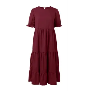 NEW Red Wine Tiered Ruffle Puff Sleeve Midi Dress M thumbnail 2
