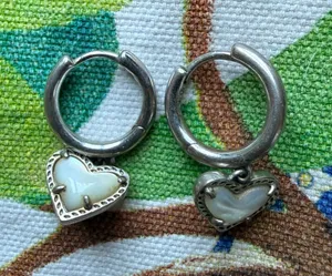 Karen Scott Silver Hoop Earrings with White Heart Charms thumbnail 1