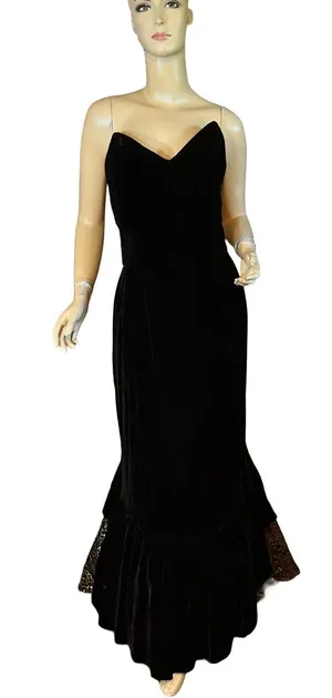 Vintage 1980'S Black Velvet Strapless Mermaid Dress W/Gold Lace Train (M) thumbnail 1