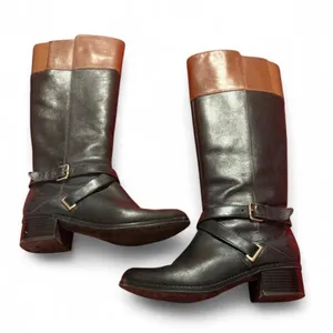Bandolino Two-Tone Leather Riding Boots Black Brown Gold Buckle Size 6 thumbnail 5