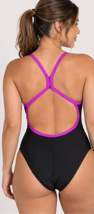 Nike Black One-Piece Swimsuit with Purple Trim thumbnail 1