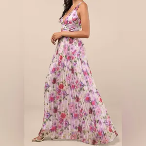 LULU’S Morgana Pink Multi Floral Satin Pleated Maxi Dress thumbnail 4