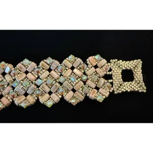 Handmade Women 7" Glass Beaded Toggle Bracelet Tan‎ Blue Iridescent Western Art thumbnail 2