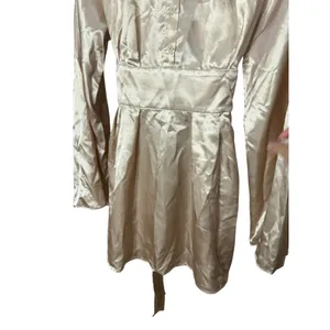 Cider Women Champagne Beige Satin Long Flared Sleeve Shirt Mini‎ Dress Size S thumbnail 4