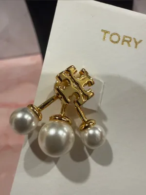 Tory Burch | Gold Plated Logo Earrings with Pearl Drop 3D Backs | Small thumbnail 2