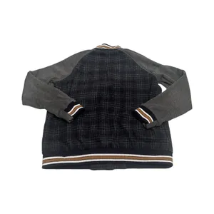 Hem & Thread‎ Womens Plaid Floral Embroidered Varsity Bomber Jacket Grey Navy L thumbnail 5