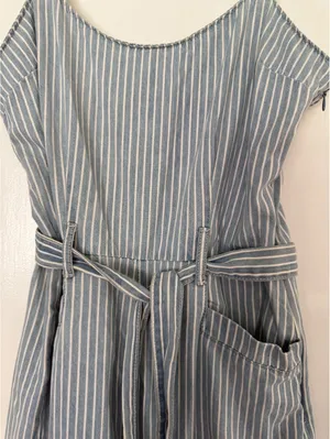 REWASH Blue and White Striped Jumpsuit with Belt Size S thumbnail 4