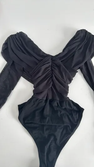 Black mesh bodysuit with long sleeves and an off-the-shoulder neckline size XS thumbnail 3