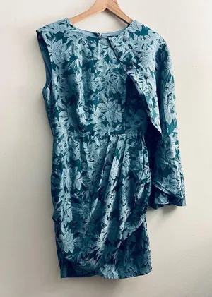 Cape Sleeve One Shoulder Dress in Dusty Blue M thumbnail 3