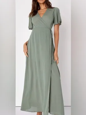 Lulus Much Obliged Washed Olive Green Wrap Maxi Dress thumbnail 3