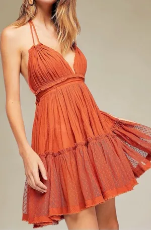 Halter Babydoll Mini Dress Boho Mesh Swiss Dot Hem Small Red Orange thumbnail 1