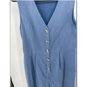 SheIn Vintage Blue Sleeveless‎ Jumpsuit V-Neck Button-Front Casual Chic size L thumbnail 2