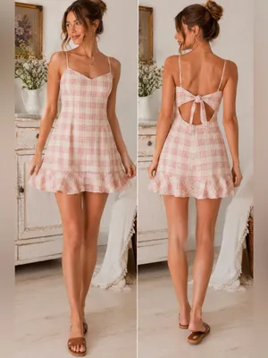 Olivaceous Plaid Mini Cotton Gauze Dress Pink Cottagecore Open Back M Ruffle Hem thumbnail 2
