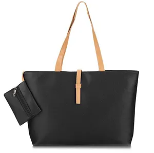 Faux Leather Black Tote Handbag w Cream Accents thumbnail 1