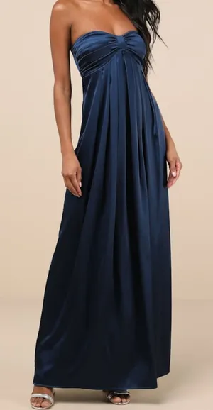 Lulus NWT Memorable Entrance Dark Blue Strapless Satin Pleated Maxi Gown Dress thumbnail 1