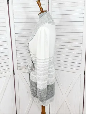 St. John's Bay Stripe Colorblock Shawl Collar Belted Cardigan Sweater Grey White thumbnail 2