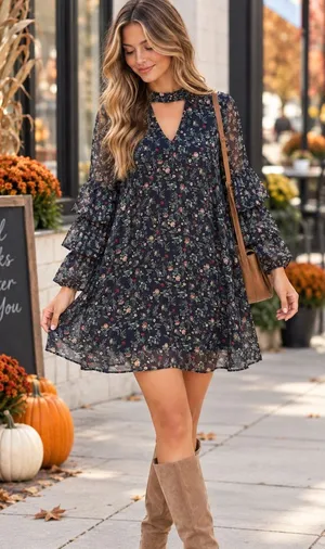 Le Lis Navy Floral Chiffon Ruffle Sleeve Keyhole Mini Dress Large thumbnail 1
