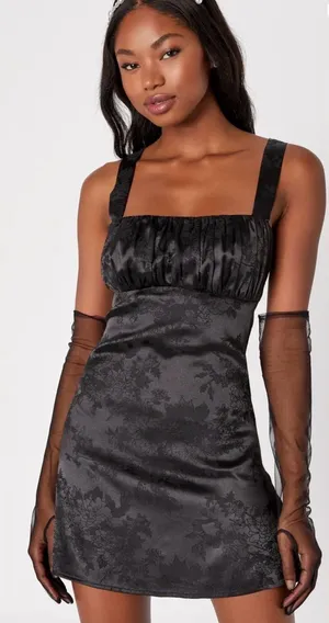 Lulus Exquisite Outlook Black Floral Jacquard Satin Lace-Up Mini Dress thumbnail 1
