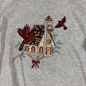 Vintage Gray‎ Christmas Sweatshirt Large Cardinal Bird House Embroidered Crew thumbnail 3
