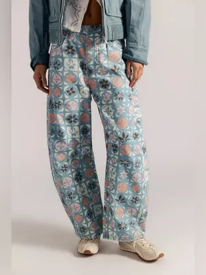NWOT Free People We The Free Good Luck Printed Barrel Jeans - Jade Combo - 26 thumbnail 3