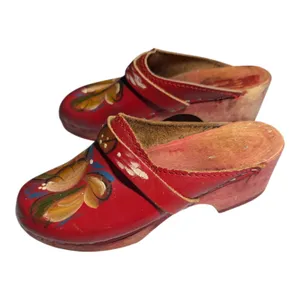 Vtg 1970s Holie Red Leather Hand Painted Wooden Sole Swedish Clogs Sz 36 5.5 thumbnail 5