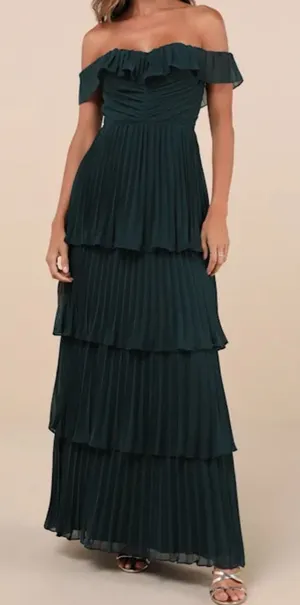 Lulus Emerald Pleated Off-the-Shoulder Maxi Dress thumbnail 1