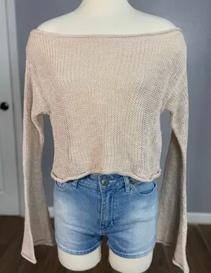 Edikted Emmie Off The Shoulder Sheer Knitted Top, Beige, M thumbnail 1