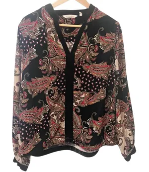 Soft Surroundings Black and Red Paisley Velvet V-Neck Blouse‎ Medium thumbnail 1