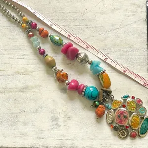 Colorful beaded silver tone pendant necklace thumbnail 4