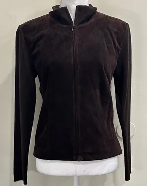 Y2K Mossimo Suede Leather Wool Blend Knit Zip Up Jacket Brown Small Boho Western thumbnail 1