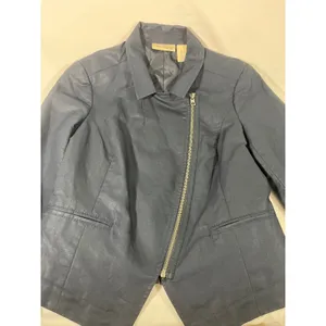 DKNY Jeans Asymmetrical Zip Jacket‎ Women Petite S Navy Moto Crop Biker Modern thumbnail 3