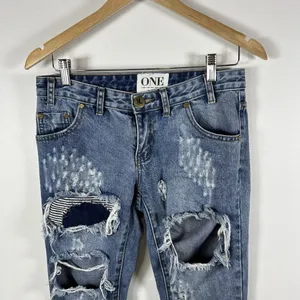 One By One Teaspoon Trashed Free Birds Distressed Low Rise Medium Wash Jeans 24‎ thumbnail 3